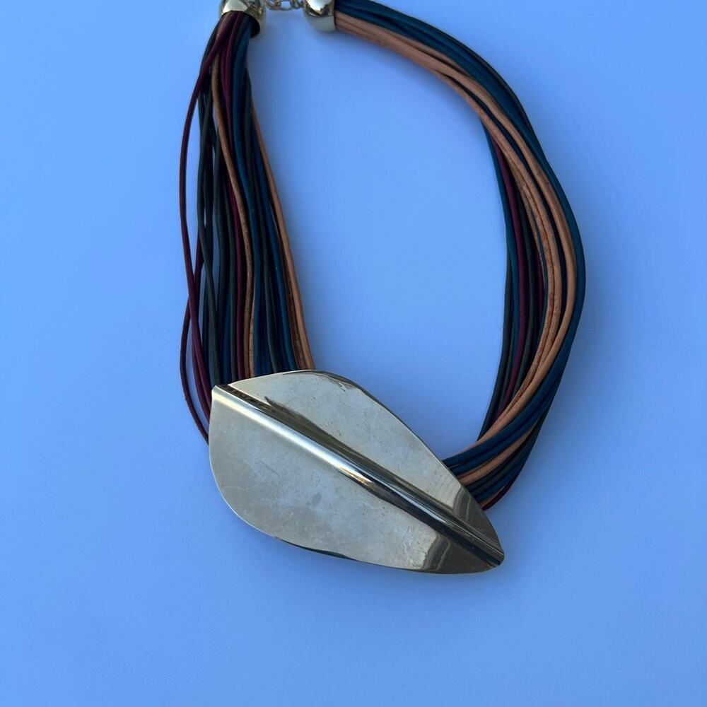 Necklace, multi strand, multi colored, gold leaf pendent. women's
